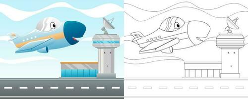Vector illustration of cartoon funny airplane in airport. Coloring book or page for kids