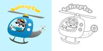 Vector illustration of cartoon funny raccoon in pilot cap on helicopter. Coloring book or page