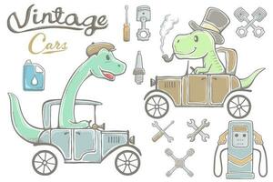 Vector illustration of hand drawn dinosaurs cartoon riding vintage car, car parts elements