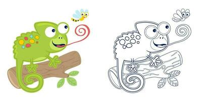 Vector illustration of cartoon cute chameleon on tree trunk hunting dragonfly. Coloring book or page