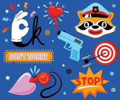 hand drawn trendy cartoon element illustration with funny raccoon and cops element vector