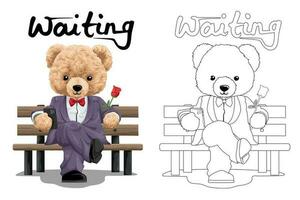 Vector illustration of teddy bear in suit sitting on bench while holding flower and smartphone. Coloring book or page