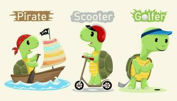 Set of hand drawn funny turtles in different activity vector