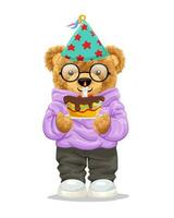mano dibujado osito de peluche oso dibujos animados con pastel en cumpleaños fiesta vector
