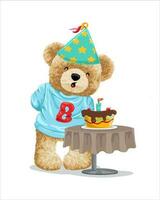 Hand drawn teddy bear cartoon with cake in birthday party blowing the candle vector