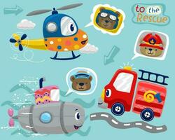 Set of hand drawn funny vehicles cartoon with cute bear riders vector