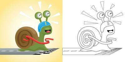 Vector illustration of cartoon funny snail winning racing run. Coloring book or page for kids