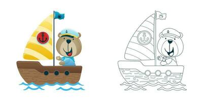 Vector illustration of cartoon bear on sailboat. Coloring book or page for kids