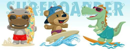 Set of hand drawn funny animals surfboarding vector