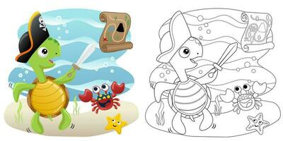 vector ilustración de dibujos animados Tortuga y cangrejo en pirata disfraz con estrella de mar y tesoro mapa submarino. colorante libro o página