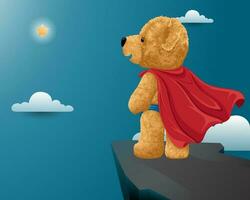 Hand drawn vector illustration of teddy bear superhero standing on cliff looking at golden star