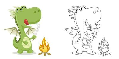 Vector illustration of cartoon funny dragon roasting meatballs. Coloring book or page for kids