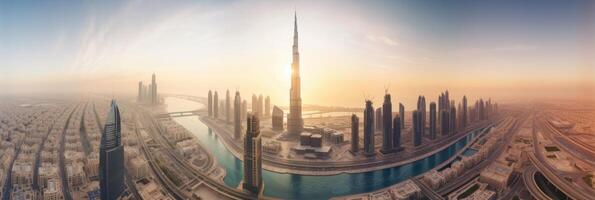 Amazing Panoramic View of Dubai City Skyscraper During Sunset or Sunrise. Technology. photo