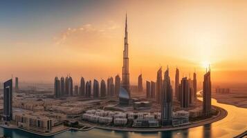 increíble panorámico ver de dubai ciudad rascacielos durante puesta de sol o amanecer. generativo ai tecnología. foto