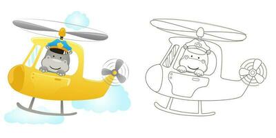 Vector illustration of cartoon hippo wearing pilot cap on helicopter. Coloring book or page