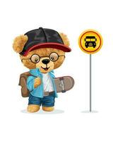 Vector illustration of hand drawn teddy bear student carrying skateboard standing in bus stop