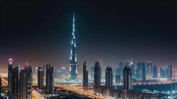 Dubai, UAE Cityscape at Night with Lights Overlooking the Burj Khalifa. Amazing Tourist Destination, Technology. photo