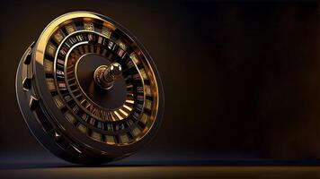 Black and Golden Roulette Wheel Against Dark Background, 3D illustration. Casino Gambling Concept, Technology. photo