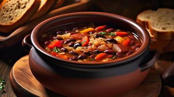 Bean and vegetables soup in ceramic bowl on wooden table. Creative resource, photo