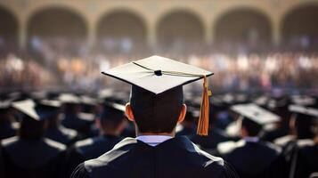 espalda de graduados por dentro el centrar de graduación a colega. creativo recurso, ai generado foto