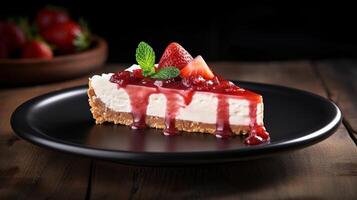 Strawberry cheesecake served on plate on dark wooden table foundation. Creative resource, photo