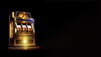 Golden and Black Shiny Casino Slot Machine with Winning Combination of Triple Seven. Gambling Addiction, Casino Games Concept. Technology. photo