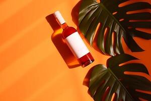 top horizon of tropical waver hound , White bottle and wine field glass on orange background. Video Animation photo