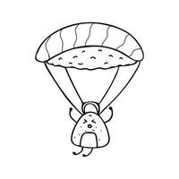 mano dibujado linda mascota dibujos animados arroz japonés Sushi es paracaidismo vector