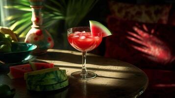 Watermelon cocktail on the table with sun shadows. Tropical concept. Creative resource, photo