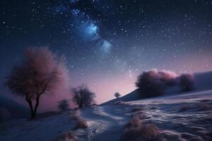 Winter landscape with starry sky and milky way. 3d rendering photo