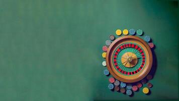 Top View of Roulette Wheel Surrounded by Colorful Poker Chips Against Green Background and Copy Space, Casino Gambling Concept. . photo