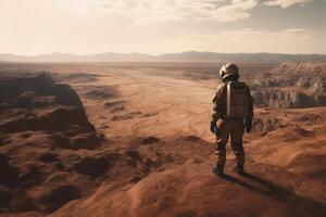 astronauta en el planeta Marte. 3d hacer ilustración. generativo ai foto