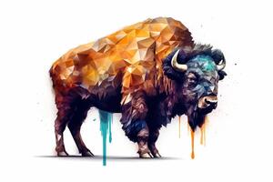 Bison in low poly style on a white background. 3d rendering photo