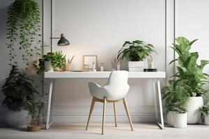 Interior of modern room with green plants and table. Home decor photo
