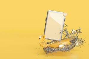 3d hand holding smartphone with water splash, flamingo, podium isolated on yellow background. hand using mobile phone, online shopping, summer travel vacation concept, 3d render illustration photo