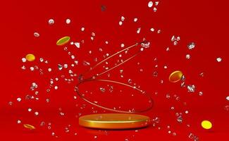 podium empty with gold coins and diamonds in red composition for modern stage display and minimalist mockup ,abstract showcase background ,Concept 3d illustration or 3d render photo