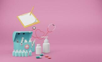 First aid kit with stethoscope and syringe on pink background ,Concept 3d illustration or 3d render photo