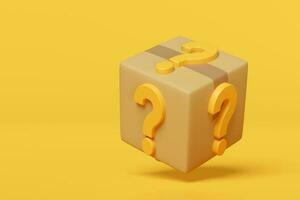 3d goods cardboard box with orange question mark symbol icon isolated on yellow background. FAQ or frequently asked questions, minimal concept, 3d render illustration, clipping path photo