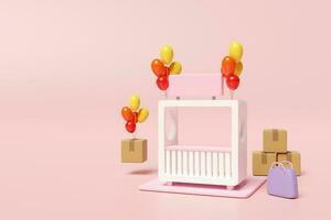 store front with goods cardboard box, balloon, paper bags, isolated on pink background. Startup franchise business or loan approval concept, 3d render illustration, clipping path photo