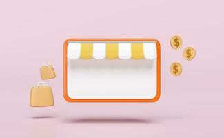 3d orange mobile phone, smartphone with store front,  paper bags, coins isolated on pink background. online shopping, minimal concept, 3d render illustration, clipping path photo