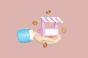 cartoon hands holding store front, coins isolated on pink background. Startup franchise business or loan approval concept, 3d render illustration, clipping path photo
