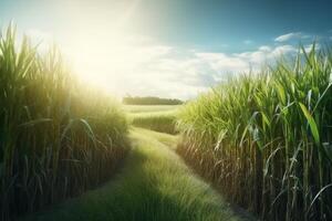 Corn field at sunset with sunbeams and blue sky background. photo