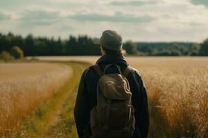 A man with a backpack on his back stands in field and looks at the village. generate ai photo