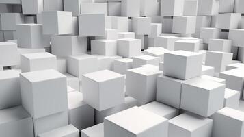 Abstract 3d rendering of chaotic white cubes. Cubes background. photo