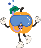 Cute happy funny apricot with scuba diving 30s cartoon mascot character 40s, 50s, 60s old animation style. png