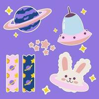 Outer space kawaii sticker set. Hand drawn cosmic cartoon collection of saturn, planet, ufo alien, star. Bundle of cute kid graphic for nursery print in galaxy exploration universe vector