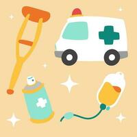 Cute medical sticker set. Hand drawn healthcare cartoon doodle crutches ambulance spray infussion. Bundle of nursery kid graphic print for hospital clinic pharmacy emergency doctor vector