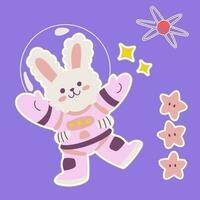 Cute astronaut rabbit sticker vector illustration with star and comet, cosmonaut bunny waving hand, universe planet animals mascot exploring journey floating in spacesuit spaceman costume, funny pet