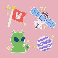 exterior espacio kawaii pegatina colocar. mano dibujado cósmico dibujos animados colección de satélite extraterrestre OVNI, planeta transmisor estrella. haz de linda niño gráfico para guardería impresión en galaxia exploración universo vector