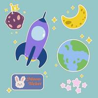 exterior espacio kawaii pegatina colocar. mano dibujado cósmico dibujos animados colección de luna, cohete,, planeta, tierra, estrella. haz de linda niño gráfico para guardería impresión en galaxia explorador universo. vector